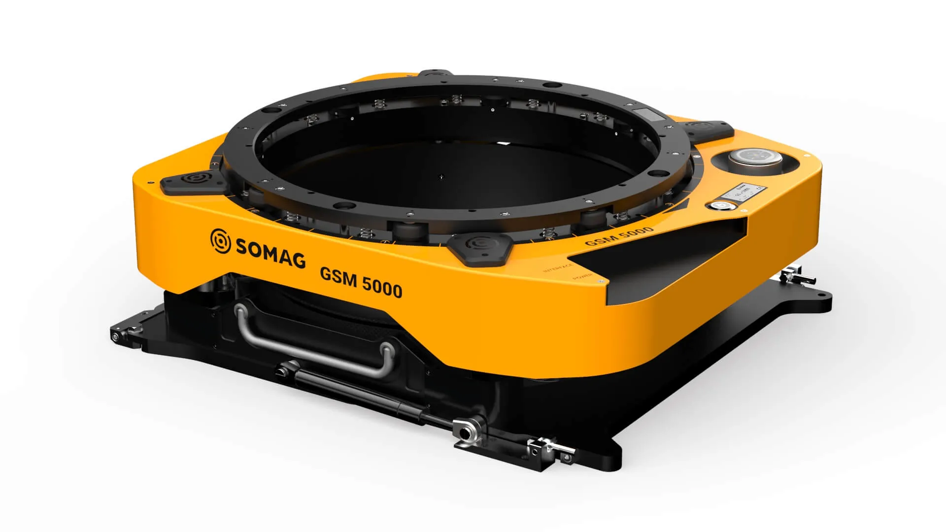 Yellow and black SOMAG GSM 5000 mechanical device with a circular open center and control dial.