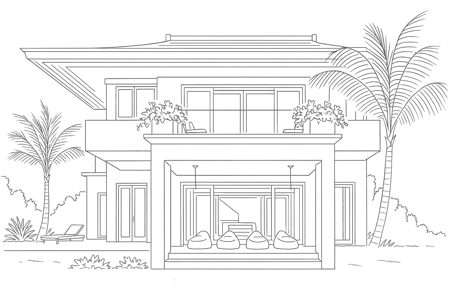 Line drawing of a modern two-story house with a large patio featuring four beanbag chairs, balcony with plants, and palm trees on each side.