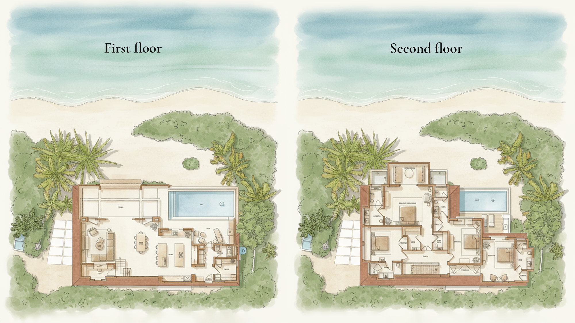 Watercolor-rendered floor plan of a two-story beach house showing the first floor with living, dining, kitchen, and pool area, and the second floor with bedrooms and bathrooms surrounded by greenery and ocean view.