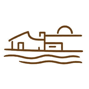 Minimalist brown line drawing of a house by the water with a setting sun.