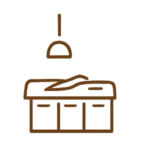 Line drawing of kitchen island with overhead hanging light.