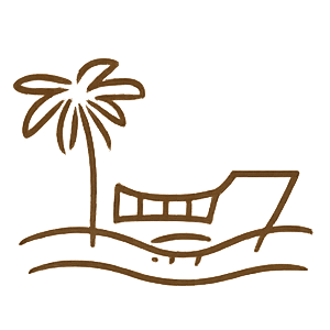 Brown line drawing of a palm tree next to a lounge chair on a beach.