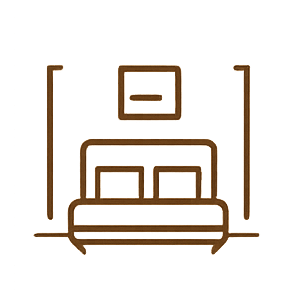 Line art icon of a bedroom with a bed, pillows, and a framed picture above.
