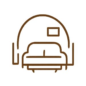 Icon of a bed inside a room with a window above it and two vertical lines on each side representing walls.