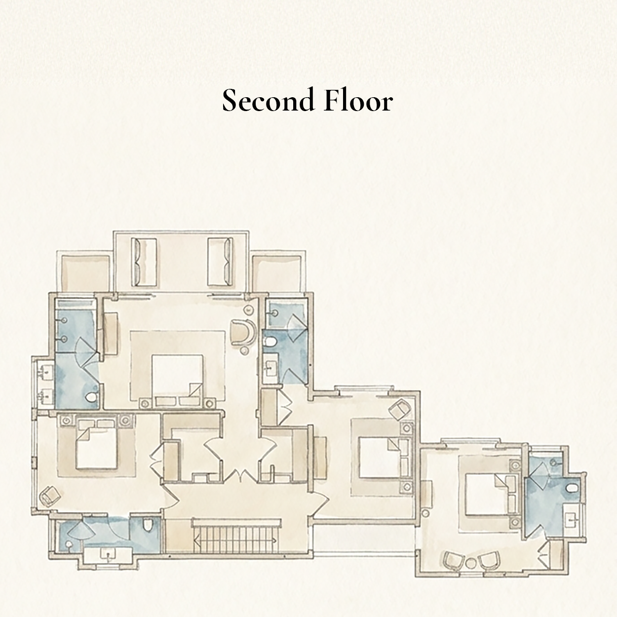 Illustrated floor plan of a second-floor of Indo House