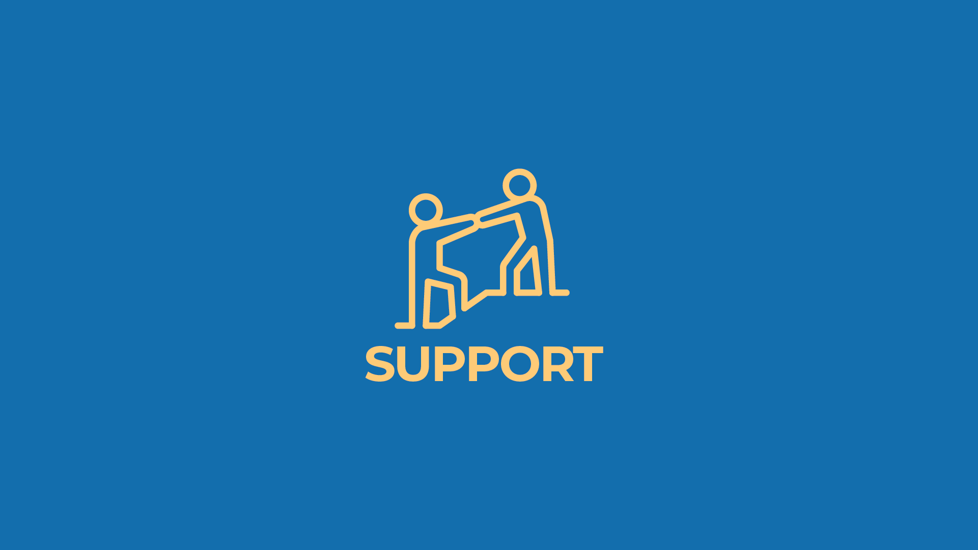 Icon of one person helping another to stand up, with the word SUPPORT below on a blue background.