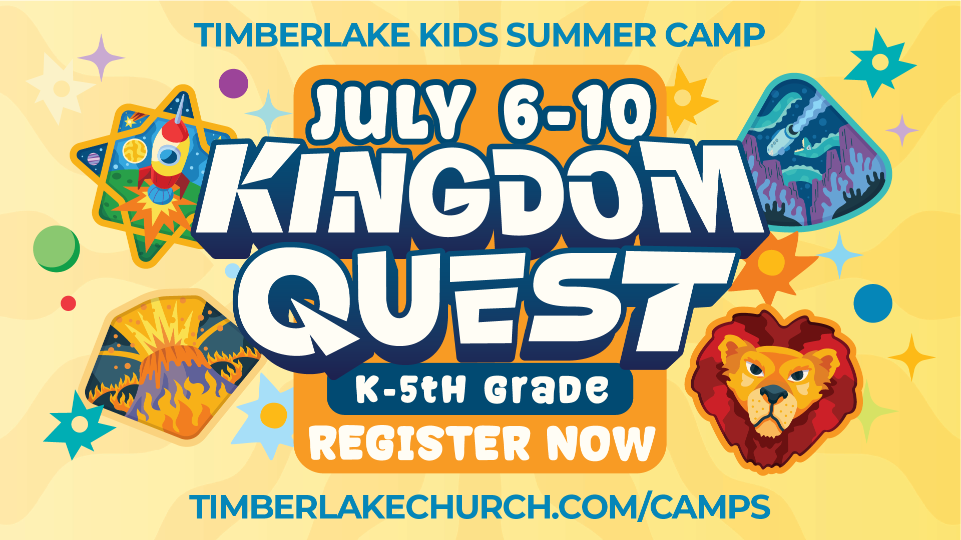 A yellow event graphic of Timberlake kids summer camp.