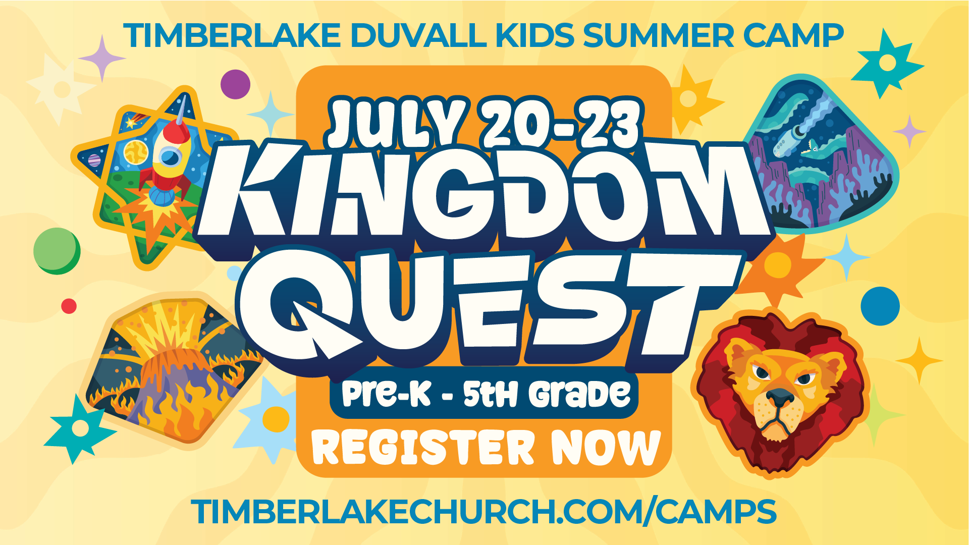 A yellow event graphic of Timberlake Duvall kids summer camp.
