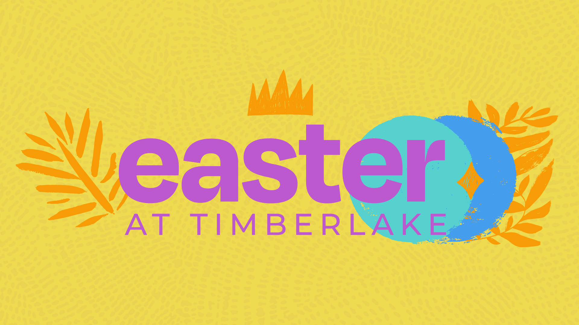 Colorful Easter logo with purple text on a yellow background, decorated in orange leaves, a crown, and blue overlapping circles.