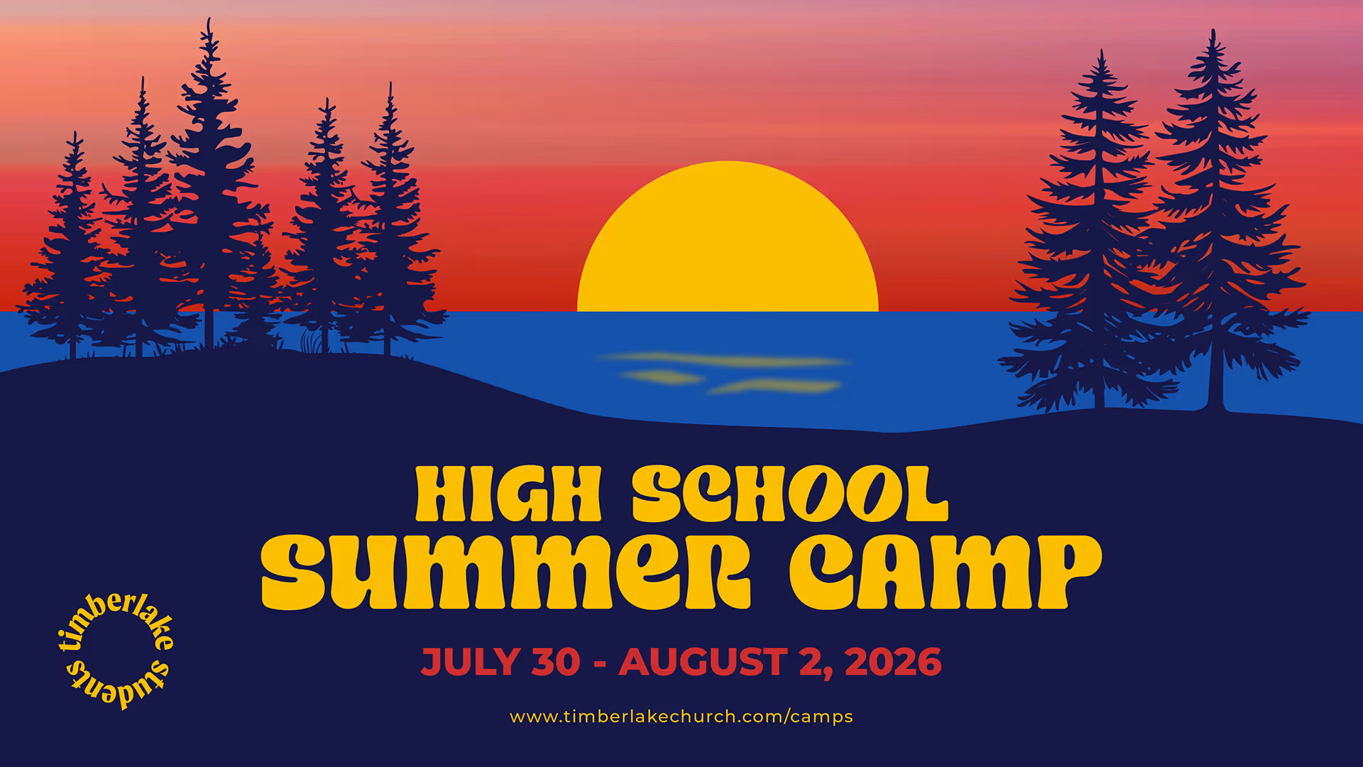 A pink-orange sunset event graphic of Timberlake middle school summer camp.