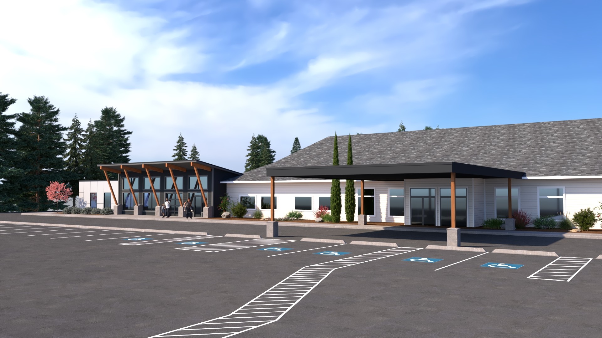 A side view of the newly renovated Timberlake Castle Rock campus building, with more parking.