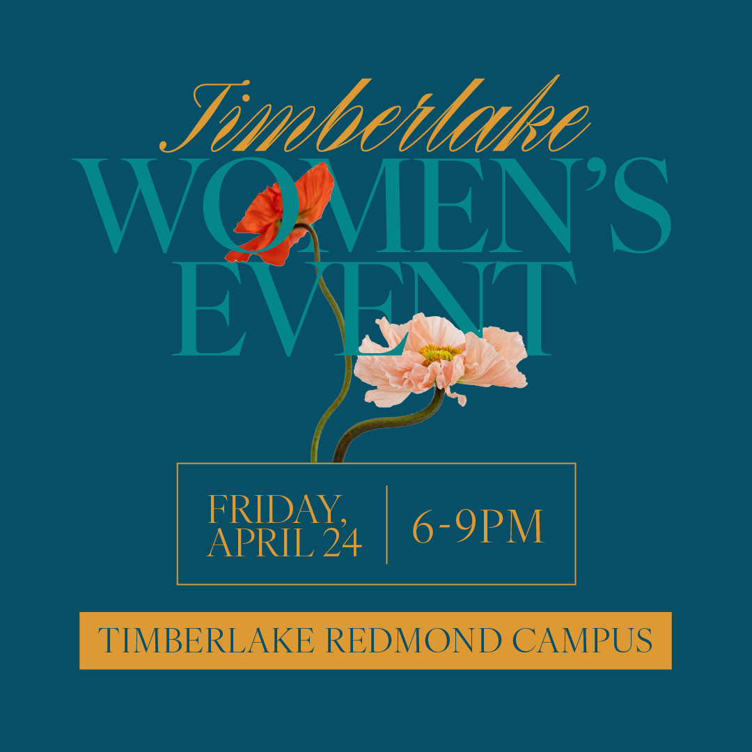 Evergreen background with 'Timberlake Women's Event' in cursive and yellow accents.