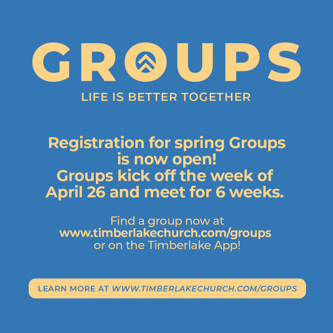Plain blue background graphic with yellow lettering that relay information about Groups at Timberlake.