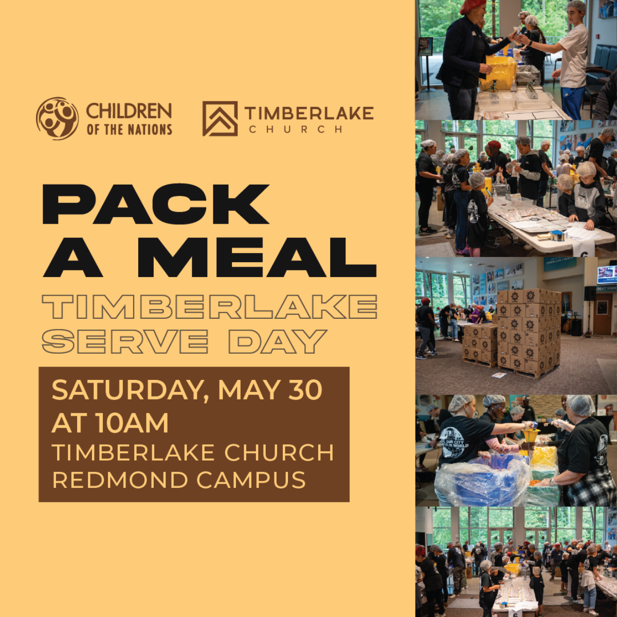 Pastel yellow and brown graphic with right-aligned collage of volunteers helping pack meals.