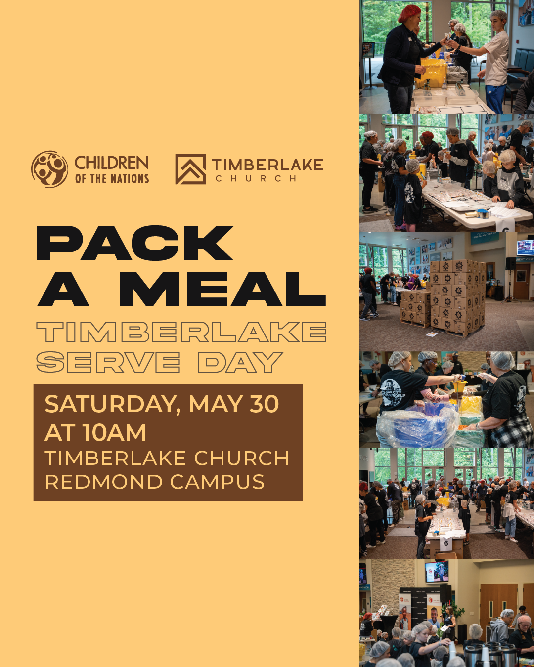 Pastel yellow and brown graphic with right-aligned collage of volunteers helping pack meals.