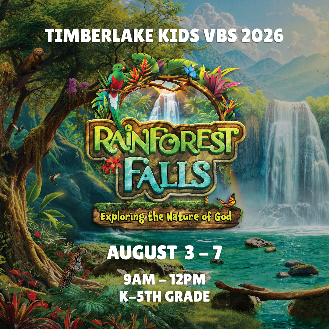An animated forest waterfall background of a graphic that says 'Rainforest Falls' in green and blue letters. 