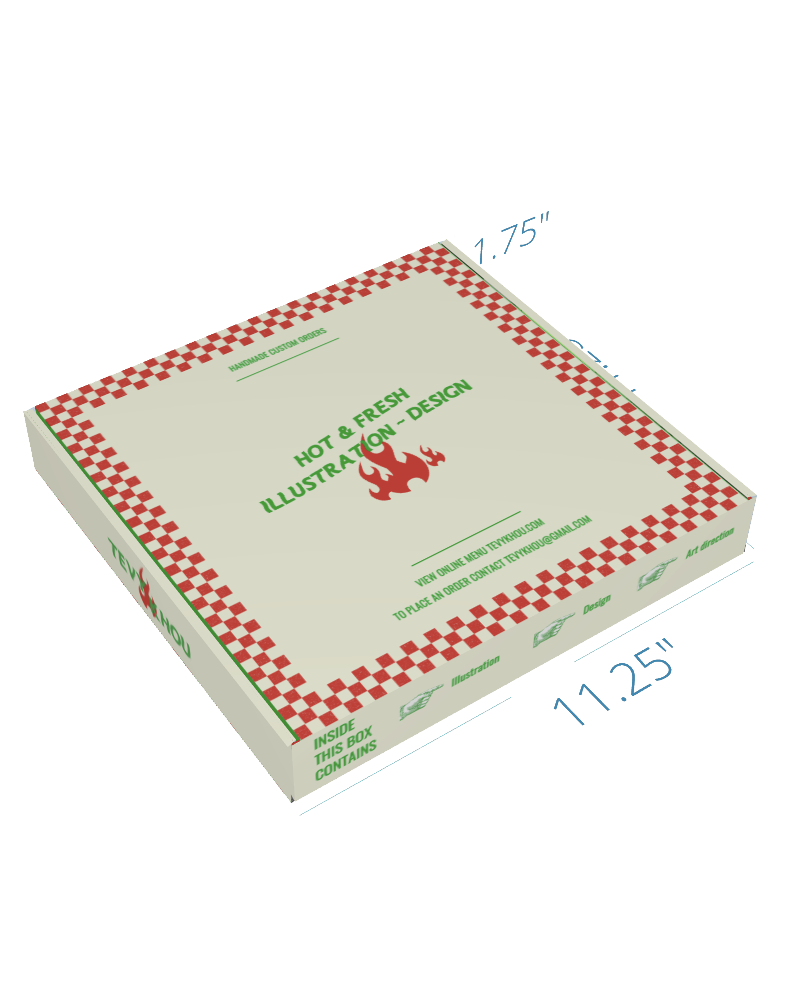 White box with red checkerboard border and text reading 'Hot & Fresh Illustration - Design' with flame icon and contact information.