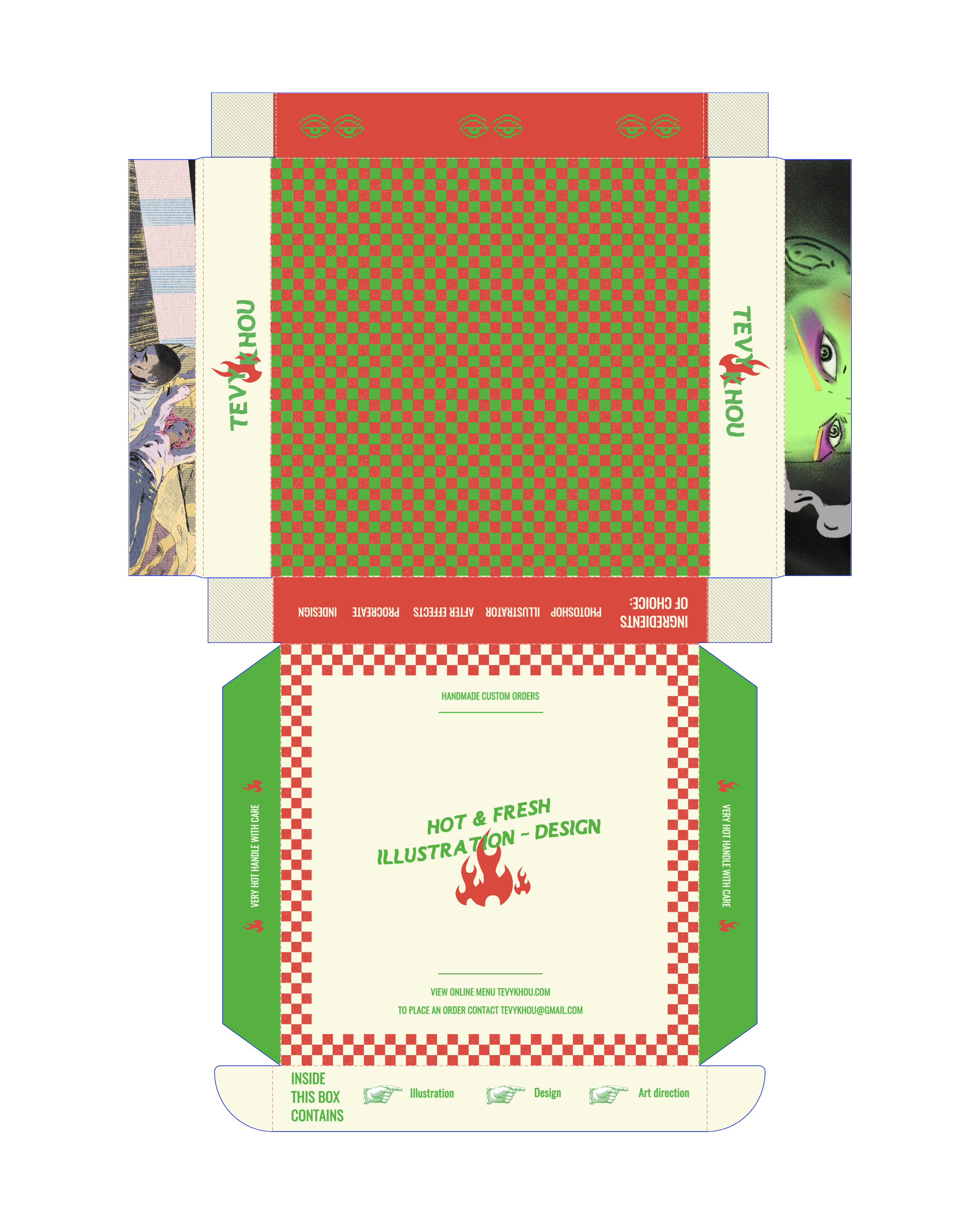 Flat layout of a colorful custom illustration and design packaging box with red and green checkered patterns, flame icons, and text about handmade orders and contact information.