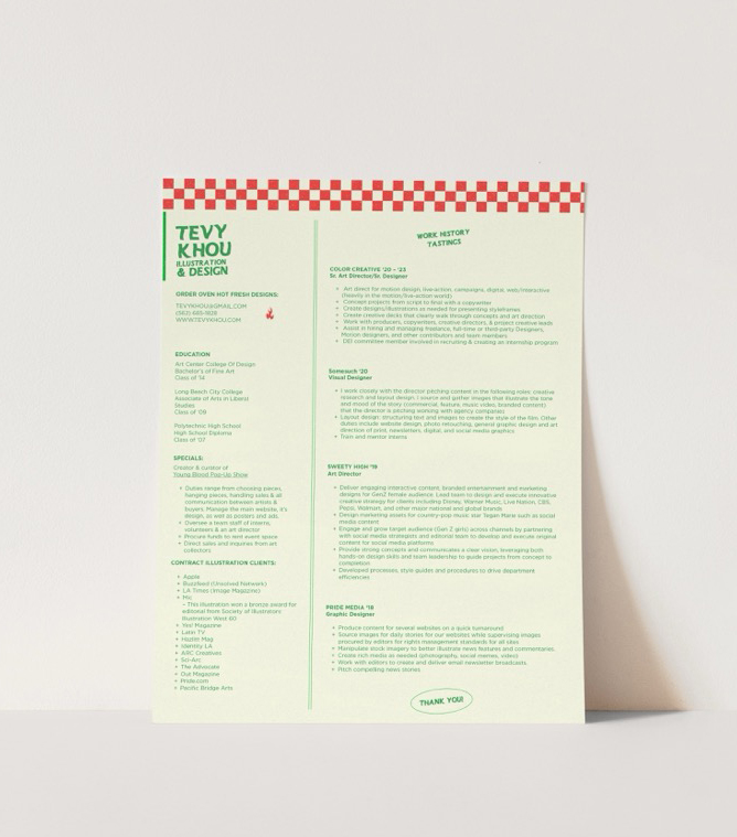 Resume page of Tevy Khou featuring sections on education, contract illustration clients, work history, and tastings, with green and red text on a white background.