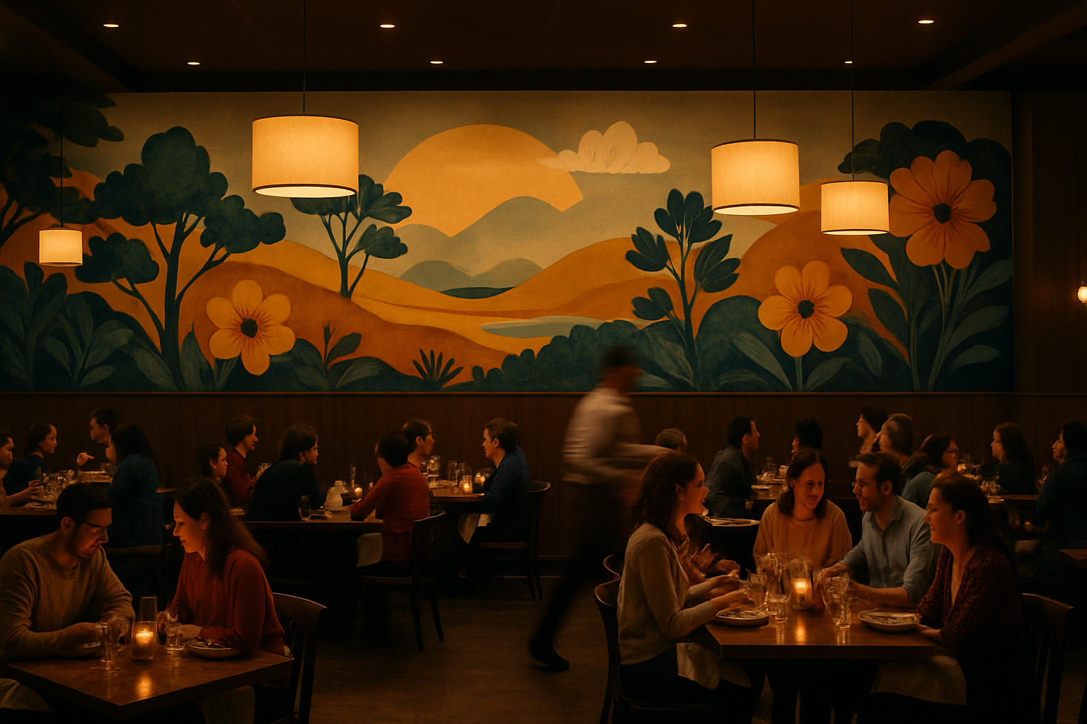 Dimly lit restaurant with patrons dining, featuring a large mural of yellow flowers, green foliage, hills, and a sun on the back wall.