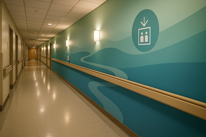 Long, empty hospital hallway with handrails and wall lights, featuring mural with elevator symbol on right wall.