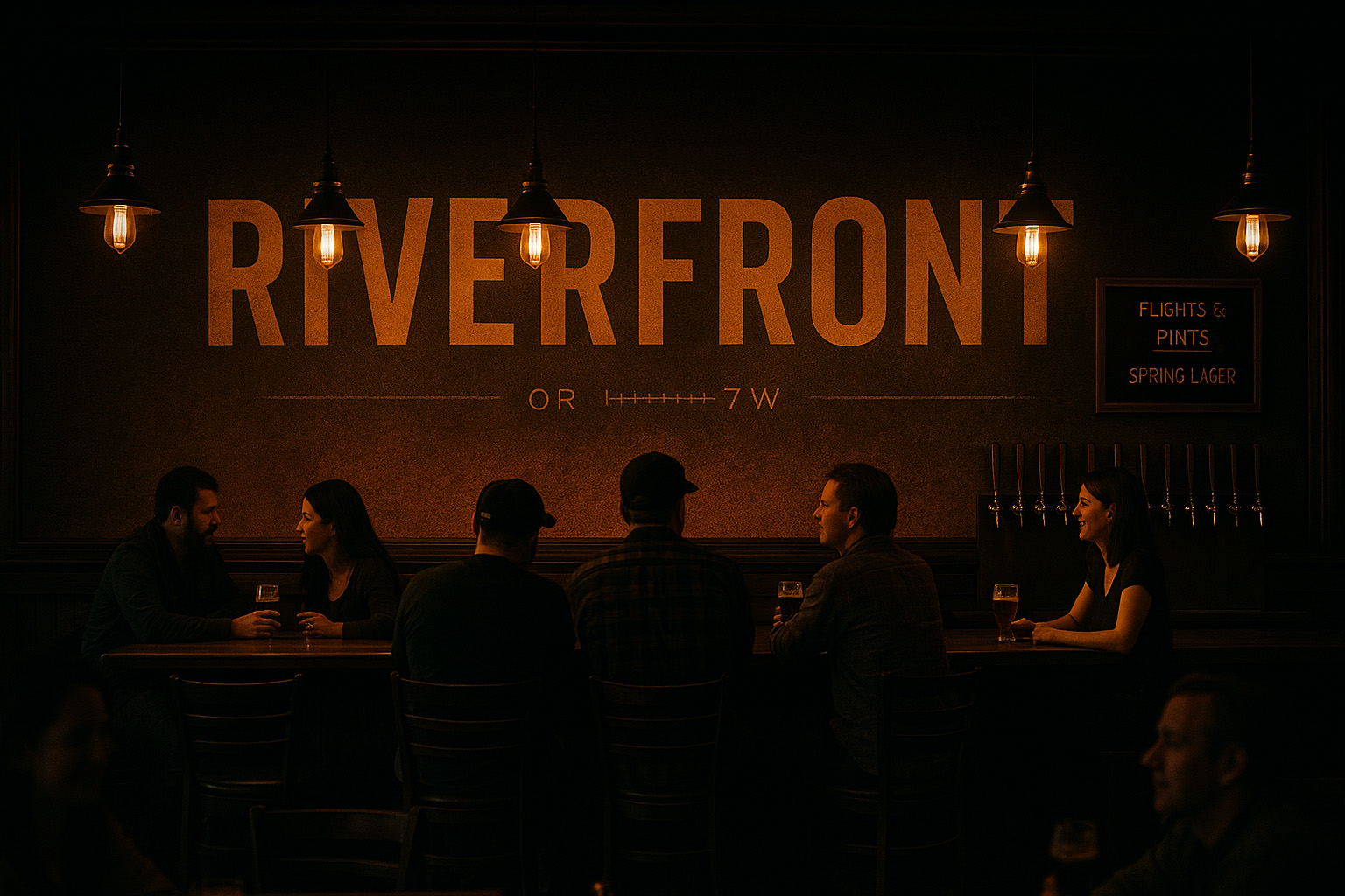 Dimly lit bar scene with six people sitting at a long wooden counter under hanging vintage light bulbs, large RIVERFRONT sign on the wall and a menu board reading Flights & Pints Spring Lager.
