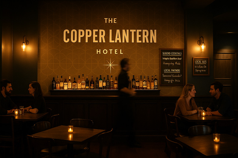 Dimly lit bar interior of The Copper Lantern Hotel with patrons seated at tables and a bartender walking by the bar.