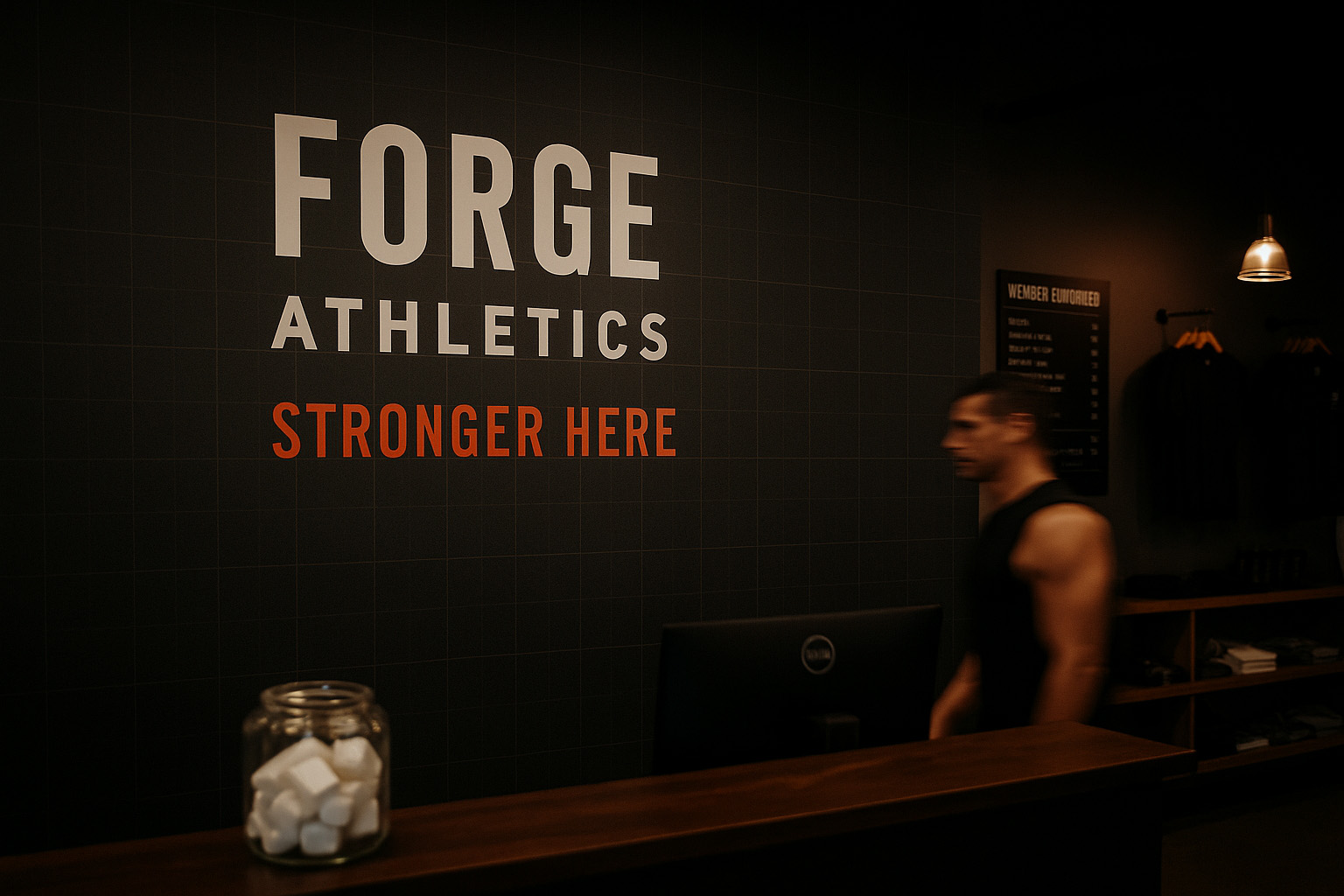 Reception area of Forge Athletics gym with logo and slogan 'Stronger Here' on tiled wall and blurred man walking by.