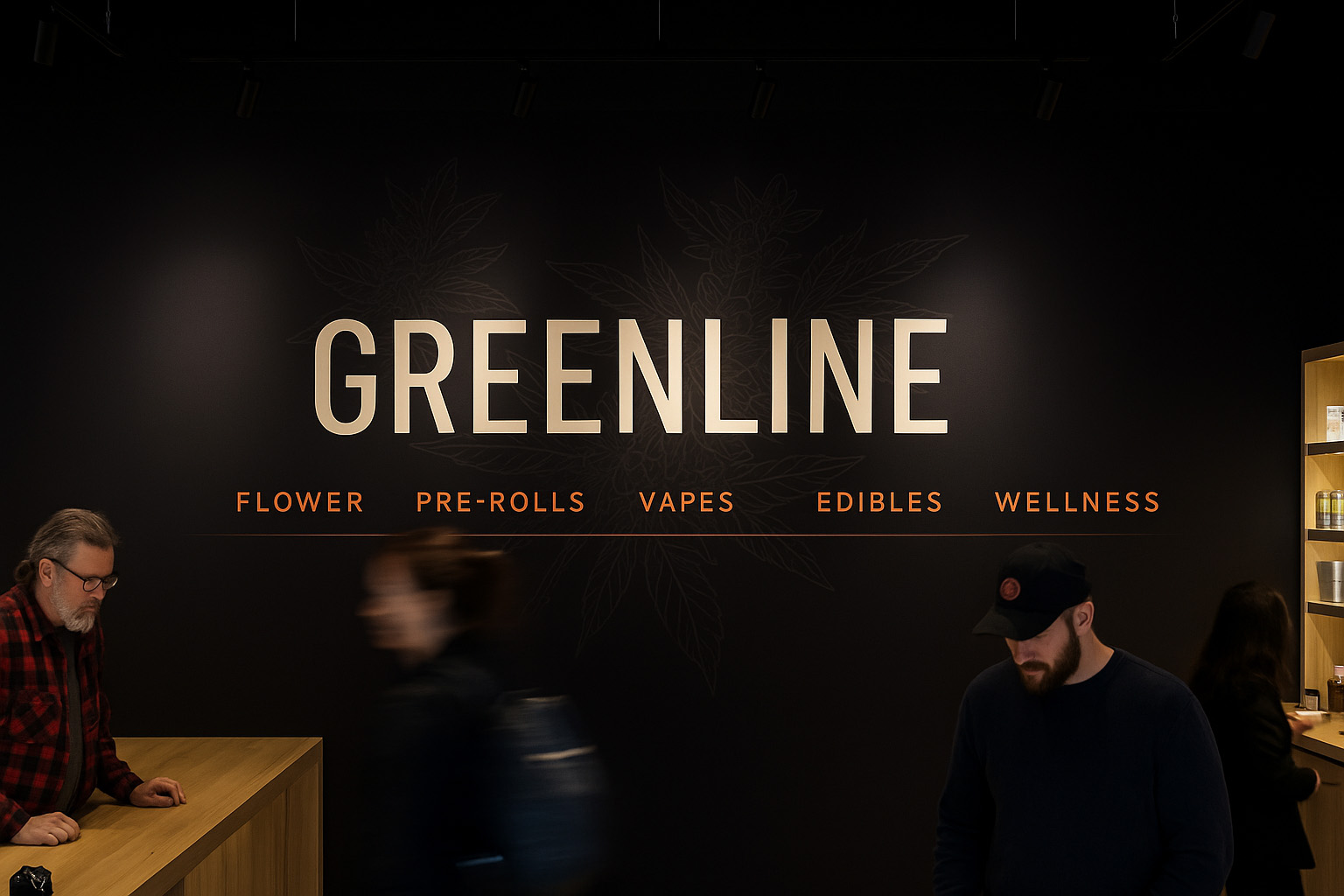 Interior view of Greenline dispensary with large wall sign listing products: flower, pre-rolls, vapes, edibles, wellness.