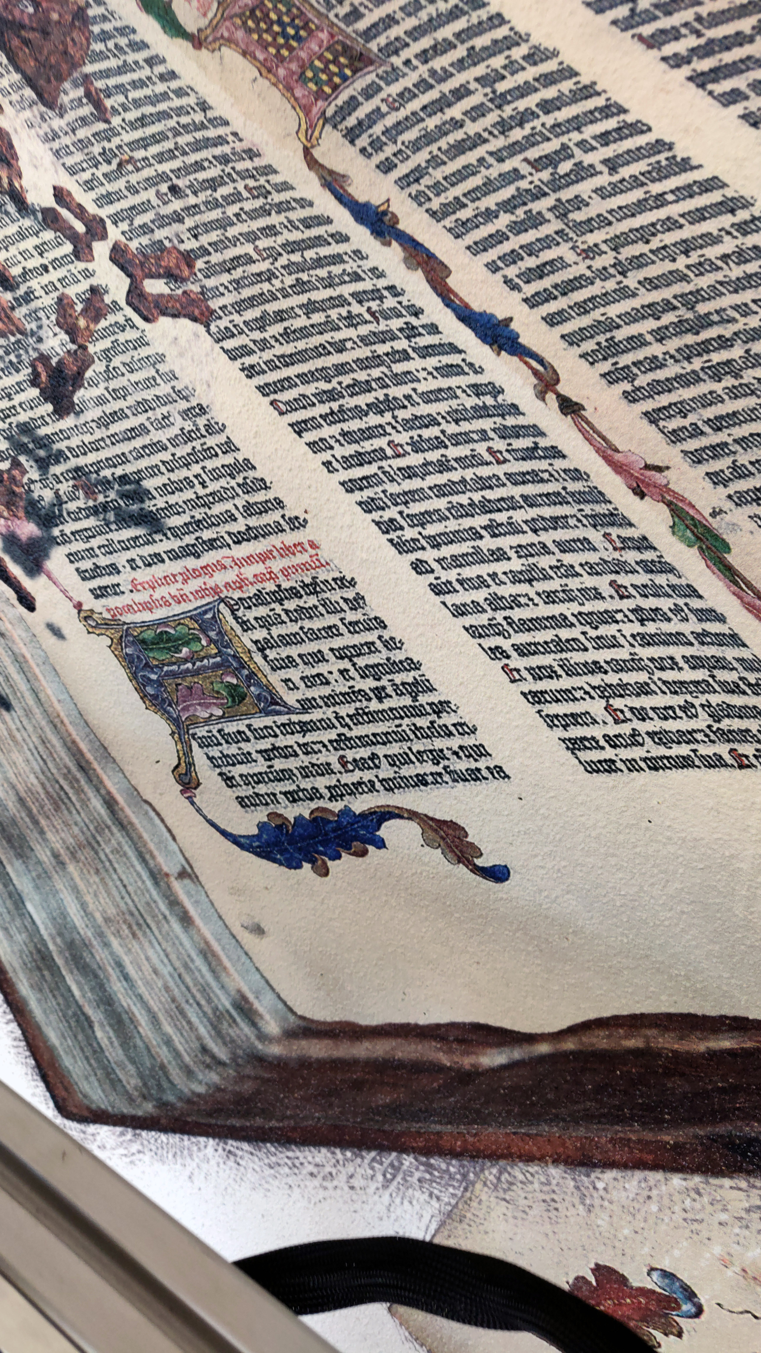 Close-up of a page from an illuminated medieval manuscript featuring decorative colorful floral borders and Gothic script text.