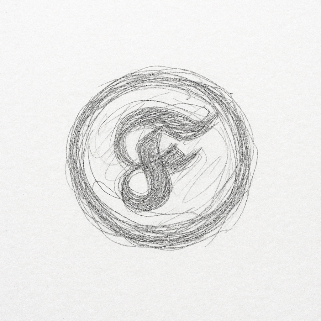 Pencil sketch of a circular scribble with an abstract, flowing 'F' shape in the center.