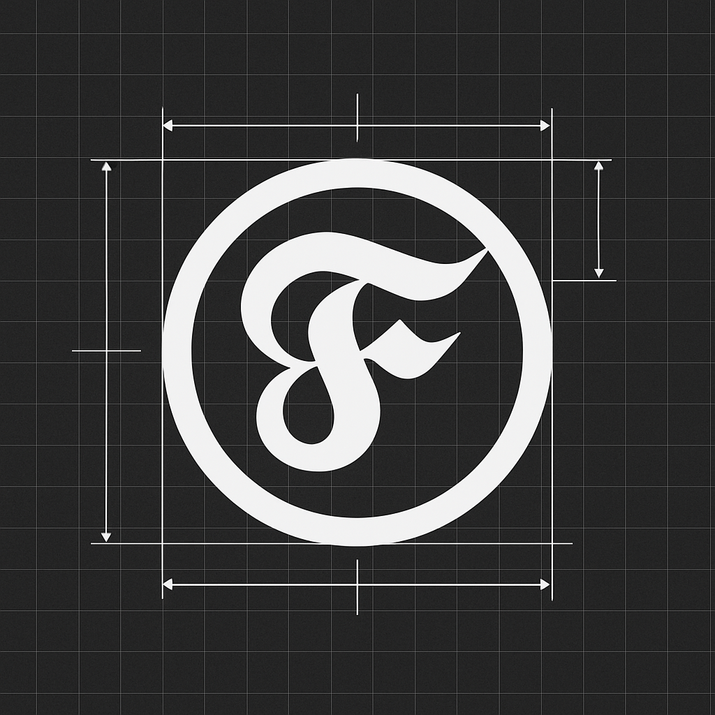 White stylized letter F inside a circle with measurement arrows on a dark gray grid background.