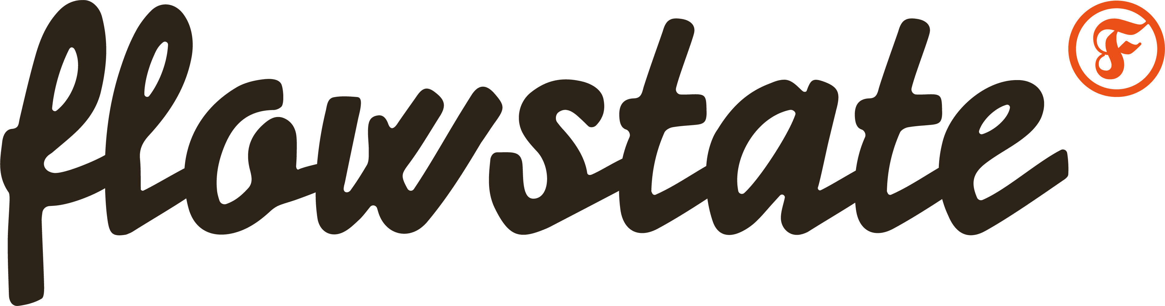 Flowstate brand logo in black cursive font with an orange circle containing a stylized 'F' at the top right.