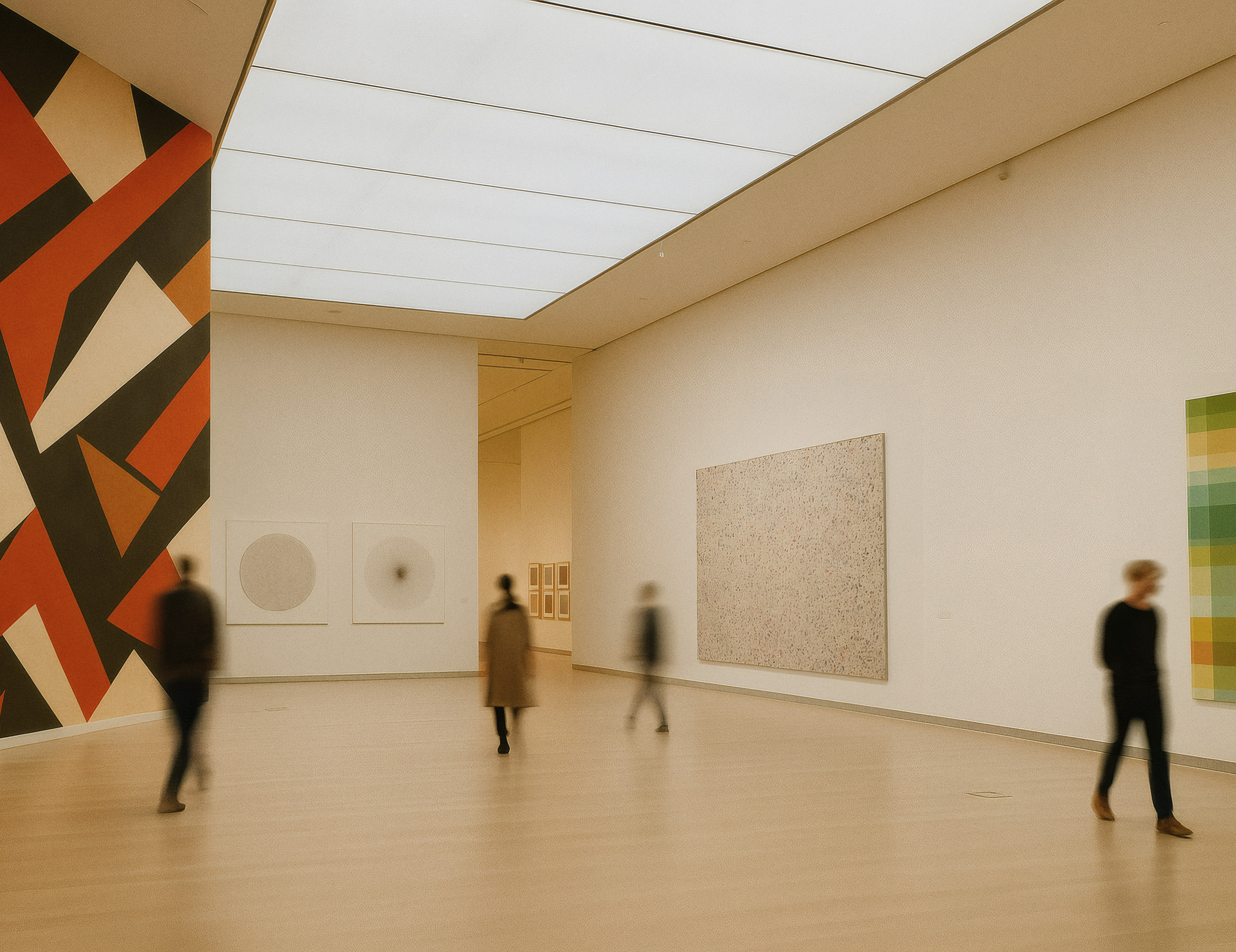 Museum gallery with abstract paintings on walls and blurred visitors walking on light wooden floor.