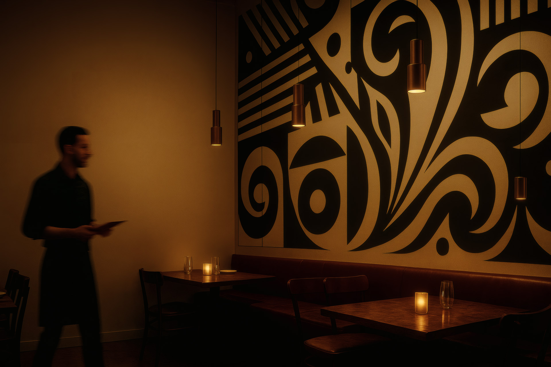 Dimly lit restaurant interior with abstract black and beige wall art, wooden tables with candles, and a blurred waiter holding a tablet.
