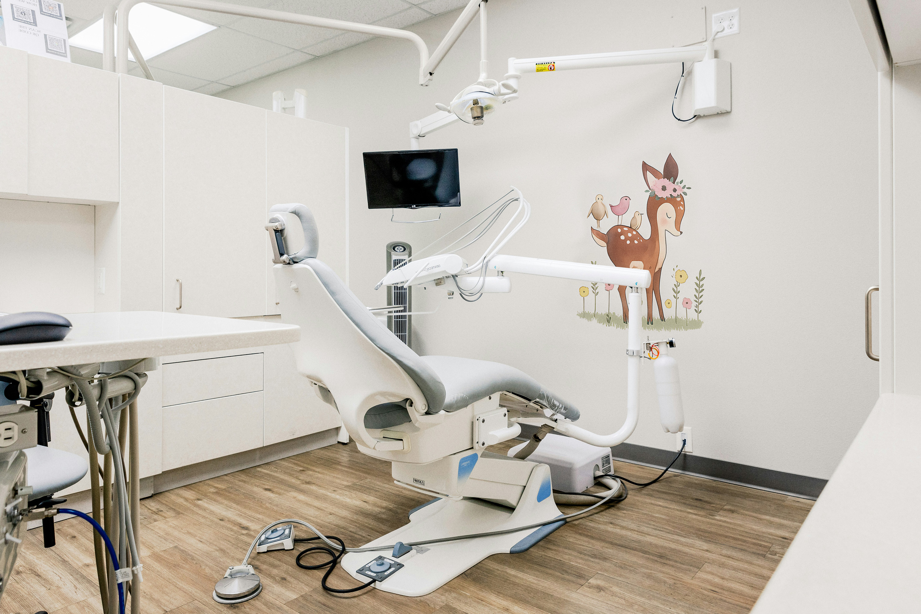 Bright dental clinic room with a white and gray dental chair, a wall-mounted monitor, and a cartoon deer with birds wall decal.