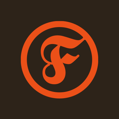 Orange stylized letter F inside a circle on a dark brown background.