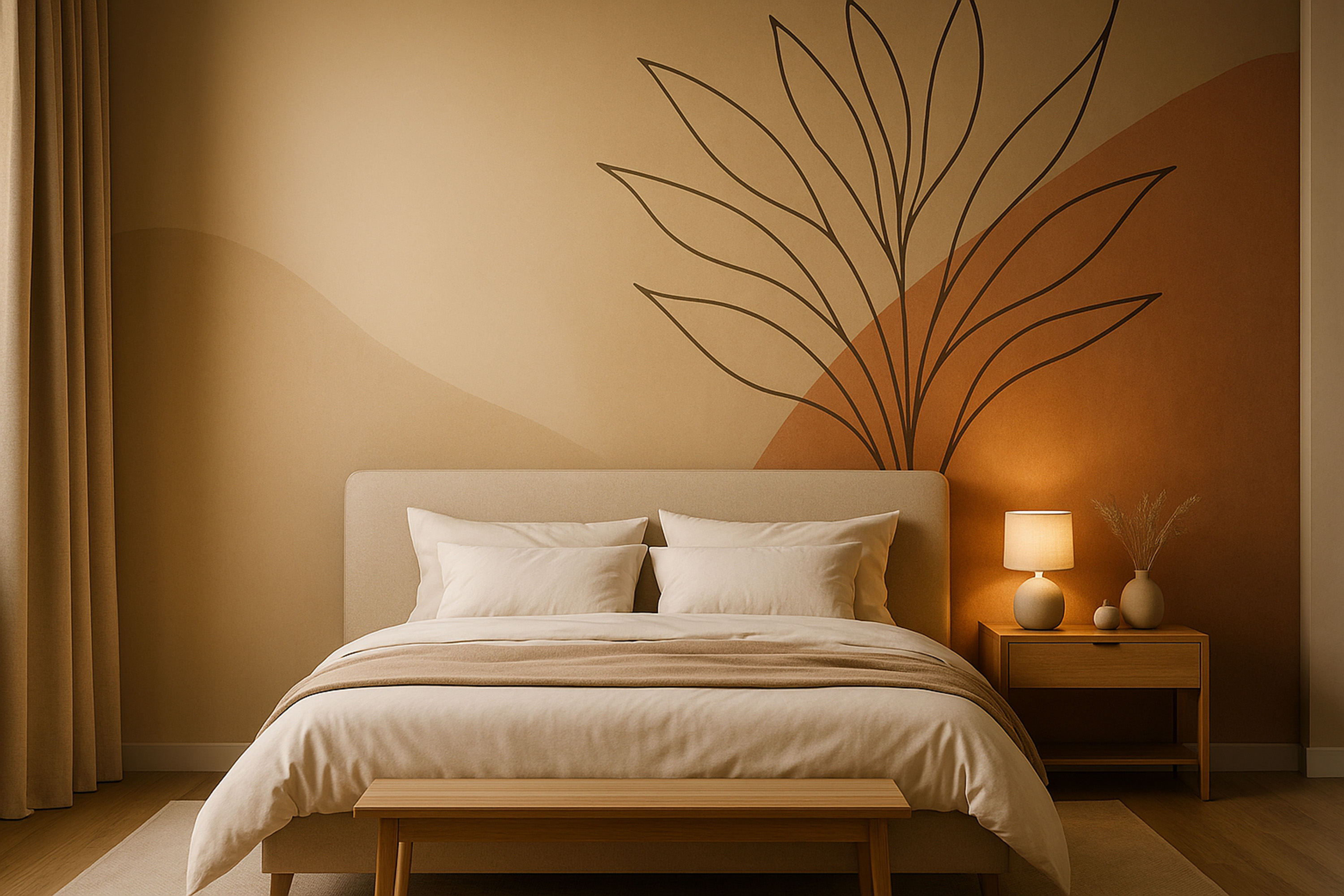 Minimalist bedroom with a beige bed, wooden bench, nightstand with lamp and vases, and a large abstract leaf wall mural.