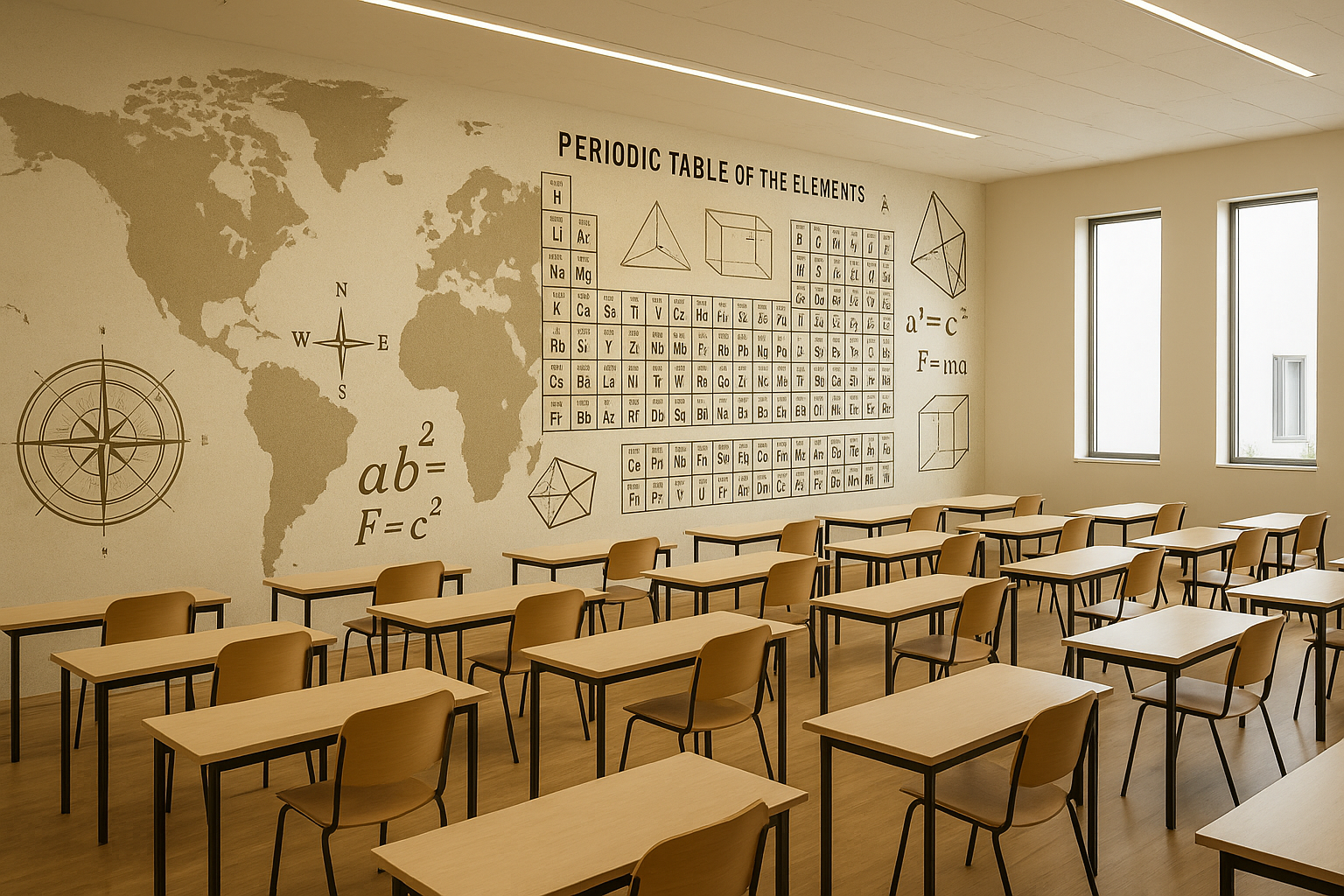 Modern classroom with wooden desks and chairs, and a wall mural showing a world map, periodic table of elements, geometric shapes, and physics formulas.