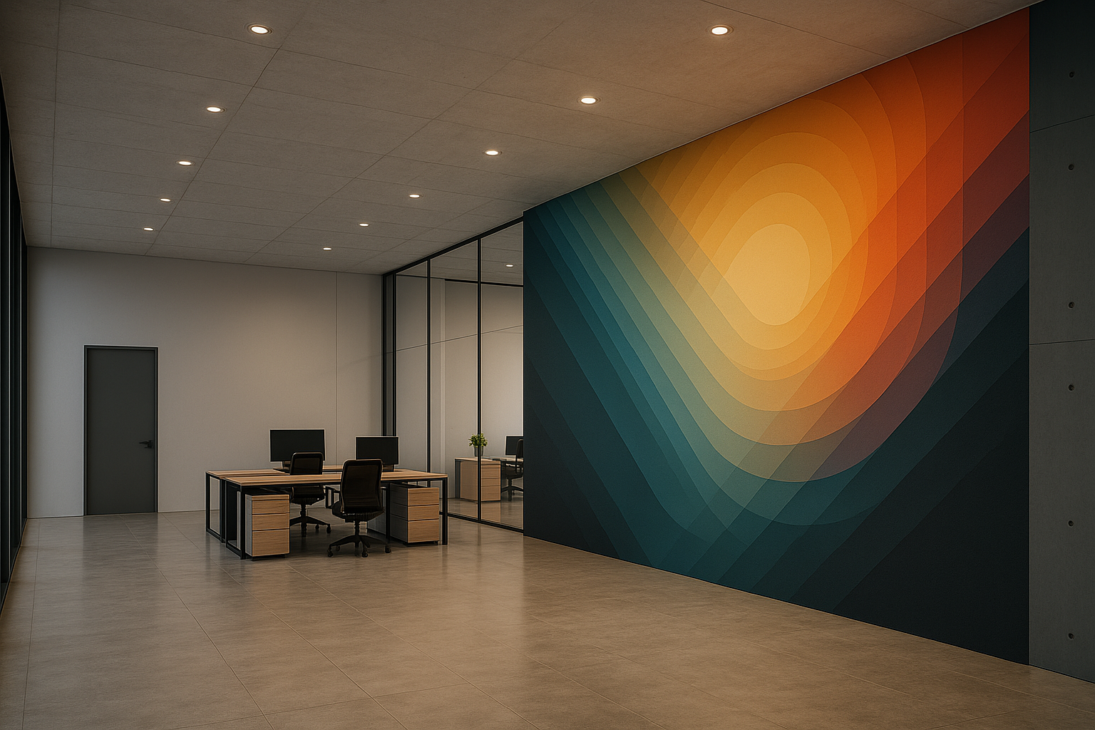 Modern office space with two desks and chairs, a closed gray door, glass partition, and a large colorful geometric wall mural.