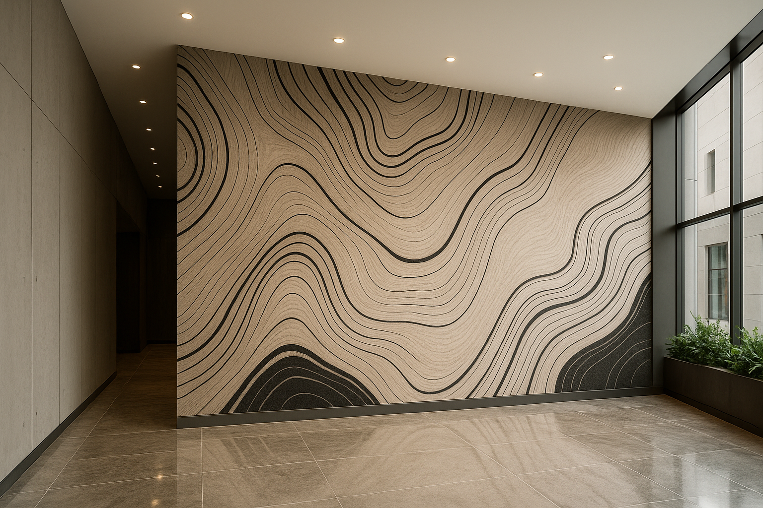 Modern interior with a large abstract wall mural featuring flowing black lines on a beige background, polished tile floor, and tall windows with natural light and plants.