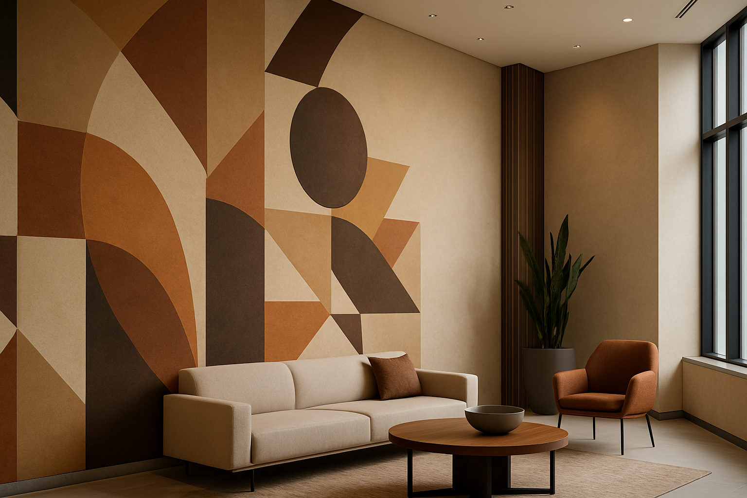 Modern living room with a beige sofa, brown armchair, wooden round coffee table, and abstract geometric wall art in earth tones.