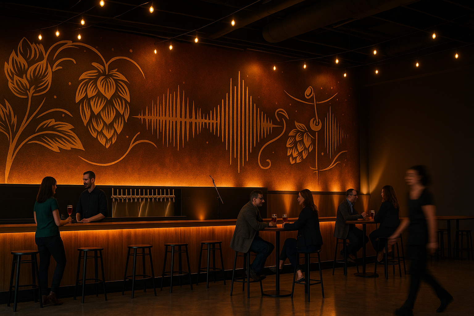 Dimly lit brewery taproom with patrons sitting at bar and high tables, featuring hop designs and sound wave mural on the wall.