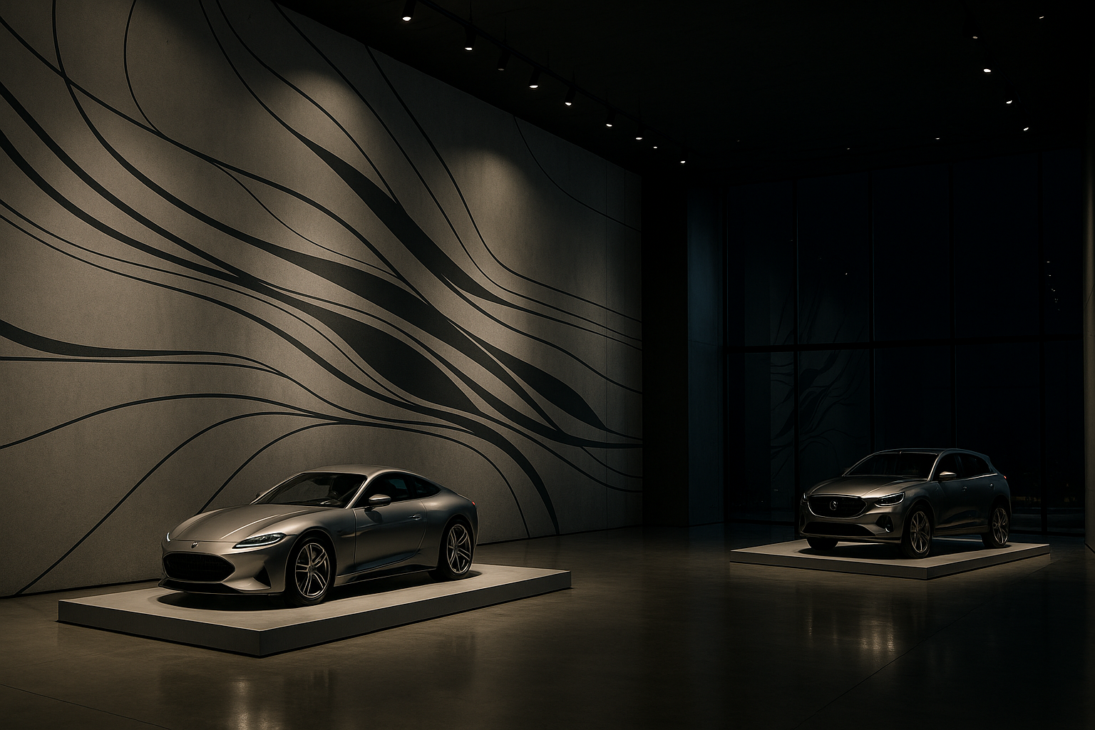 Modern showroom with two sleek cars displayed on platforms under dim lighting and an abstract wall mural.