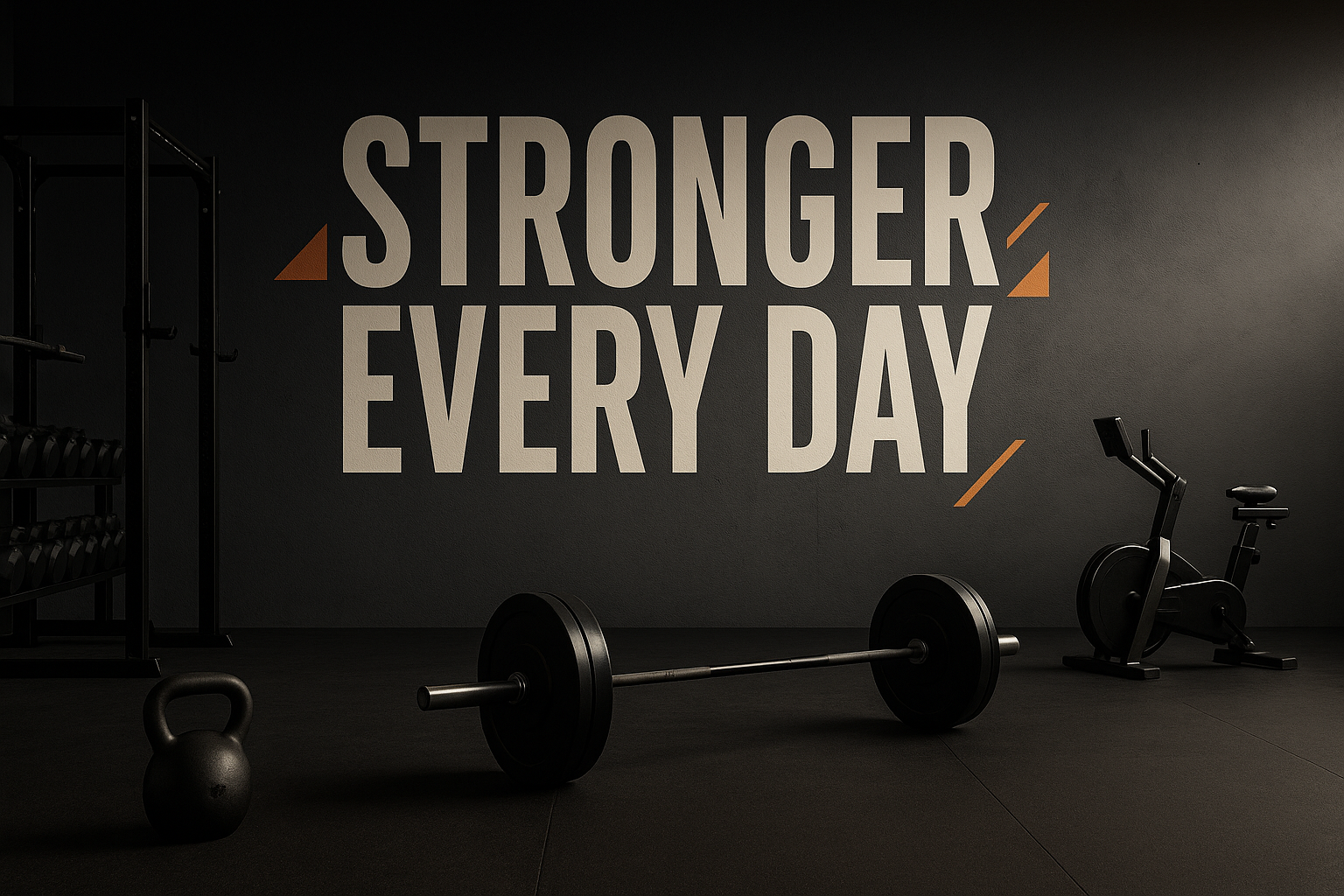 Gym interior with a barbell, kettlebell, exercise bike, and the motivational phrase 'STRONGER EVERY DAY' on a dark wall.