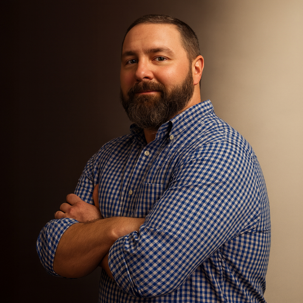 Brian Mallan Bearded man in blue checkered shirt with folded arms against a dark to light gradient background.