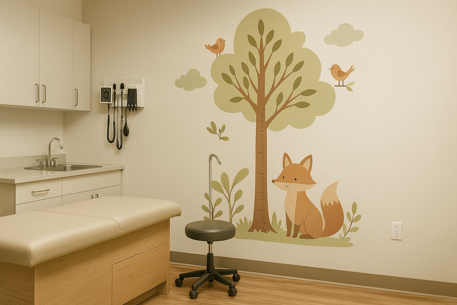 Children’s medical exam room with beige exam table, rolling stool, cabinets, and wall mural of a tree, fox, and birds.