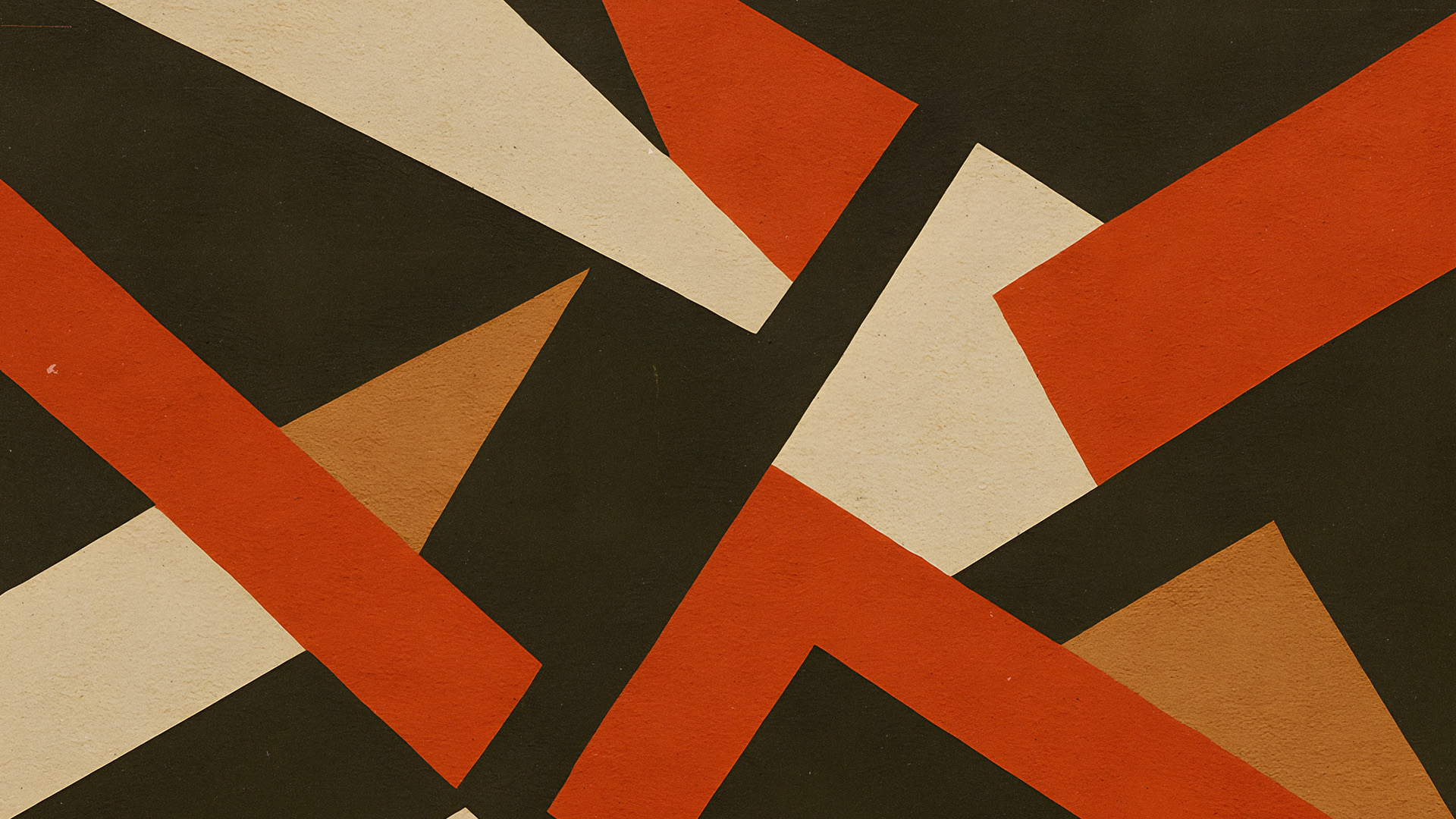 Abstract geometric design with overlapping red, tan, cream, and black shapes creating an angular pattern.