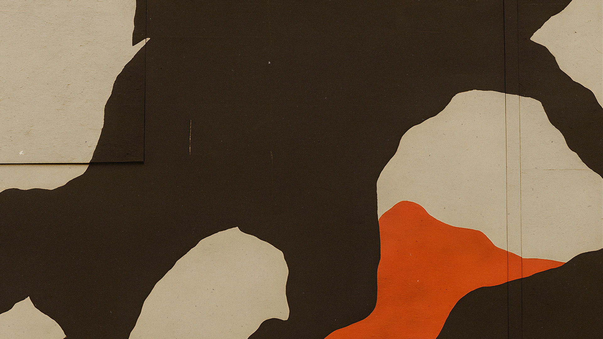 Abstract artwork with irregular shapes in black, beige, and bright orange.