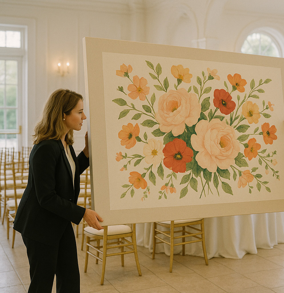 Woman in black suit holding a large framed painting of orange and peach flowers with green leaves in a light-colored room.